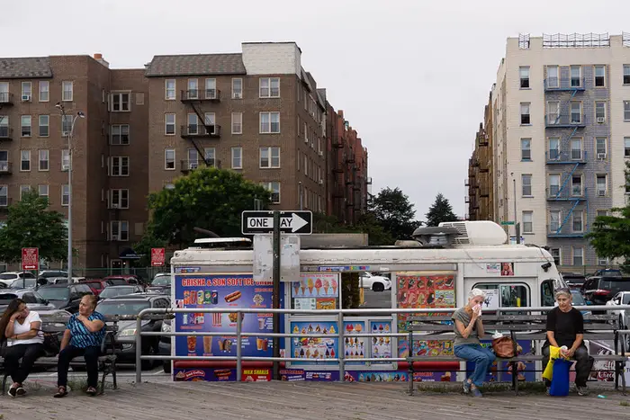 an ice cream truck parked near the Brighton Beach boardwalk